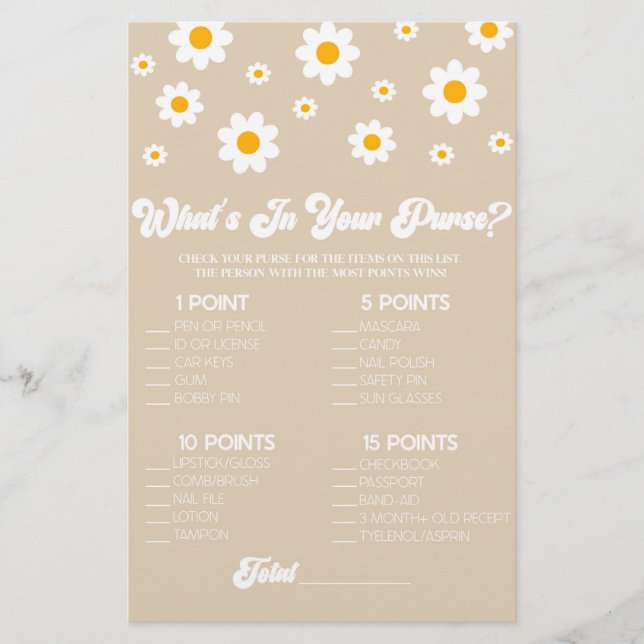 Brown Retro Daisy What's In Purse Baby Shower Game Stationery (Front)