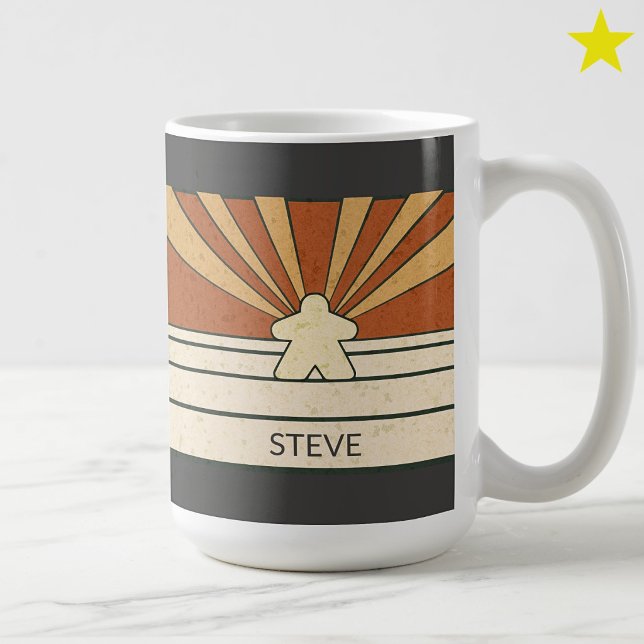 Brown Retro Meeple Stripes Sunburst Custom Name Coffee Mug (Creator Uploaded)