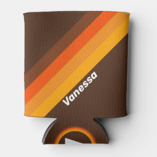 Brown Retro Stripes with Name Can Cooler