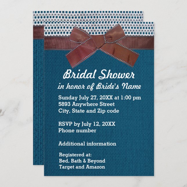 Brown Ribbon, Lace, Blue Burlap Bridal Shower Inv Invitation (Front/Back)