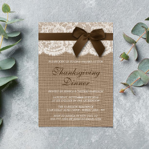 Brown Ribbon On Burlap & Lace Thanksgiving Dinner Invitation