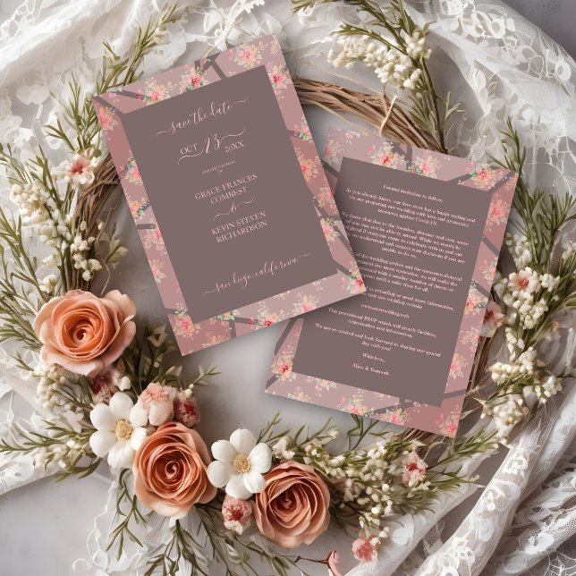 Brown Romantic Floral Stained Glass Effect Save The Date (Brown Romantic Floral Stained Glass Effect Save the Date Card with Envelope. )