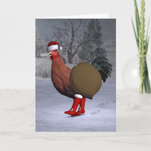 Brown Rooster Santa Claus Holiday Card