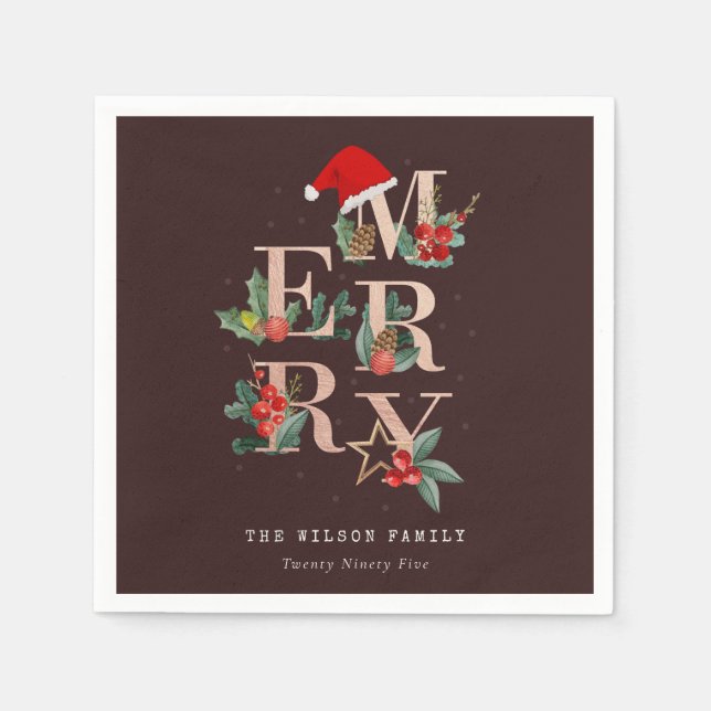 Brown Rose Gold Red Green Merry Christmas Foliage Napkin (Front)