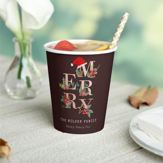 Brown Rose Gold Red Green Merry Christmas Foliage Paper Cups (Insitu)