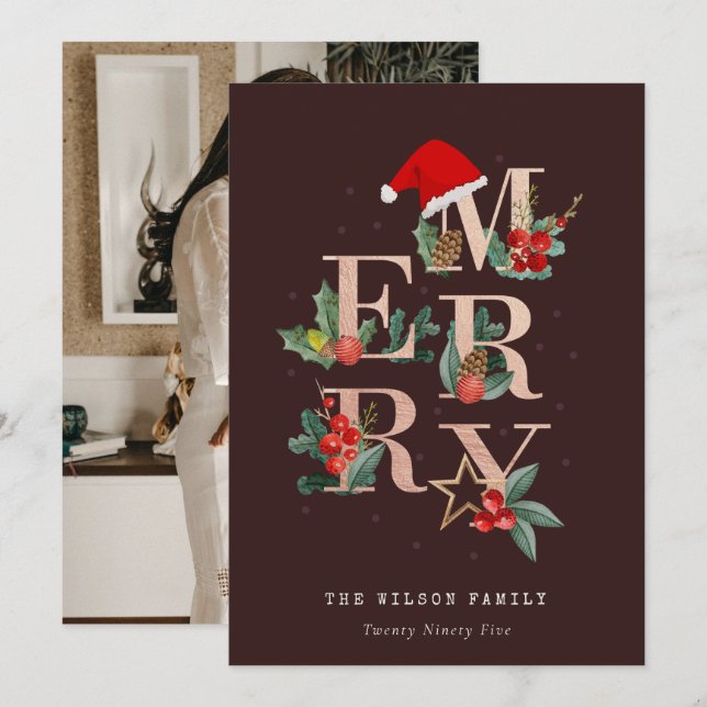 Brown Rose Gold Red Merry Christmas Foliage Photo Holiday Card (Front/Back)