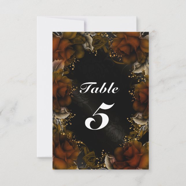Brown Roses Floral Fall Wedding Table Number Card (Front)