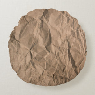 Brown rough crumpled recycled paper texture round cushion