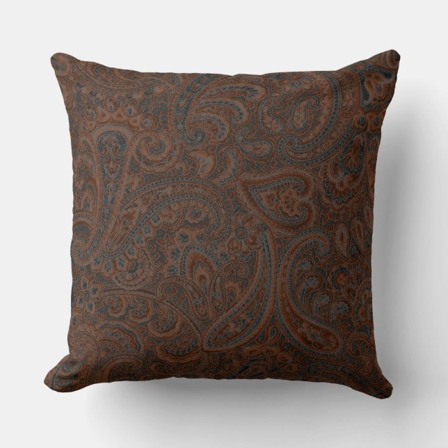 Brown & Rust Red Ornate Floral Paisley Pattern Cushion (Front)