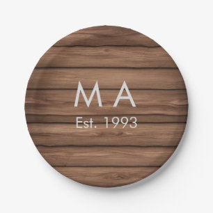 Brown rustic boho add name letter year date text paper plate