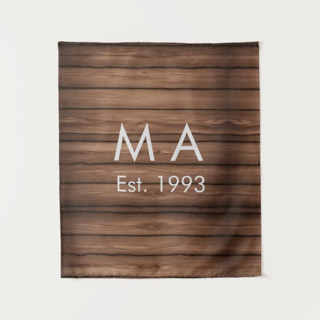 Brown rustic boho add name letter year date text tapestry (Front)
