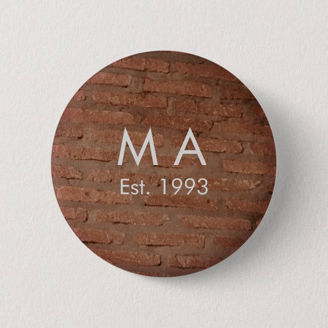 Brown rustic brick stone add name letter year date 6 cm round badge (Front)