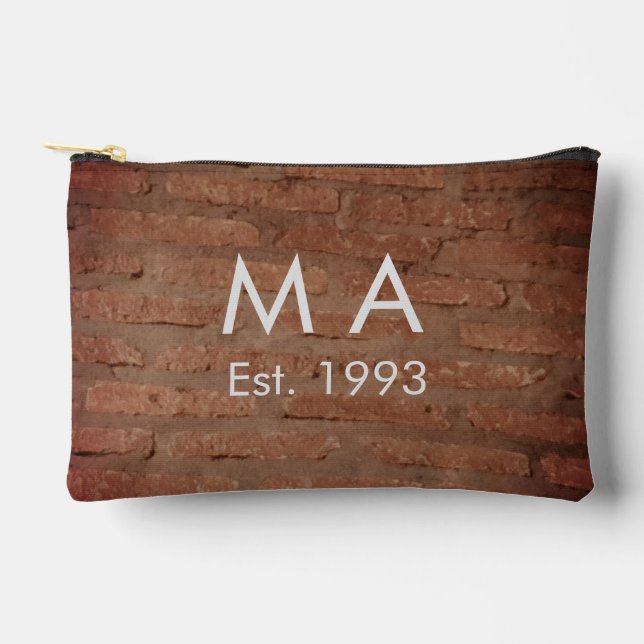 Brown rustic brick stone add name letter year date accessory pouch (Front)
