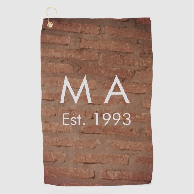 Brown rustic brick stone add name letter year date golf towel (Front)