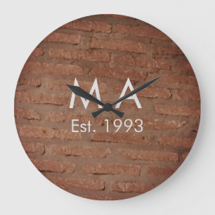 Brown rustic brick stone add name letter year date large clock