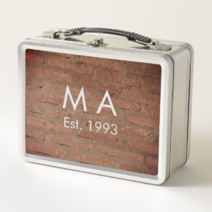 Brown rustic brick stone add name letter year date metal lunch box