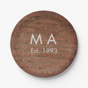 Brown rustic brick stone add name letter year date paper plate