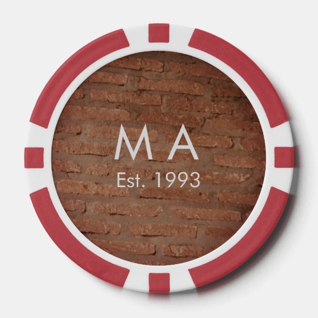Brown rustic brick stone add name letter year date poker chips (Front)
