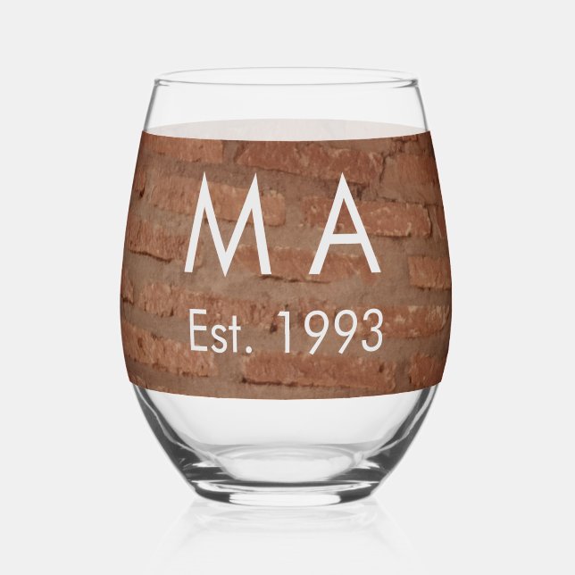 Brown rustic brick stone add name letter year date stemless wine glass (Front)