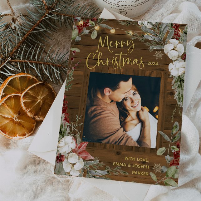 Brown Rustic Christmas | Winter Floral and Photo Holiday Card (Creator Uploaded)