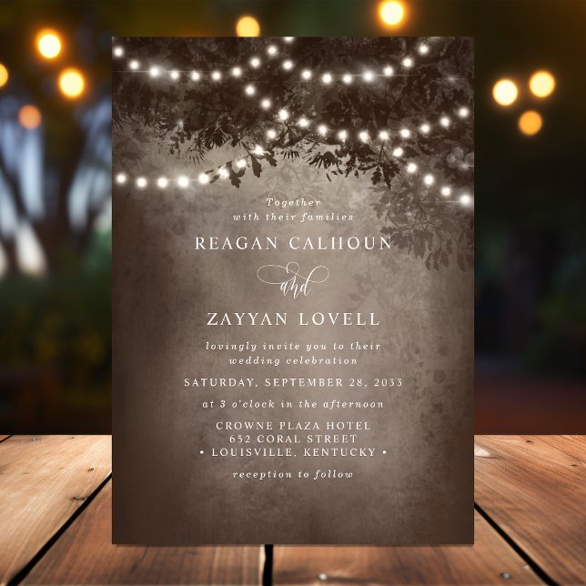 Brown Rustic Dreamy Tree String Lights Wedding Invitation (Creator Uploaded)