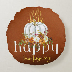 Brown Rustic Happy Thanksgiving Floral Pumpkin   Round Cushion