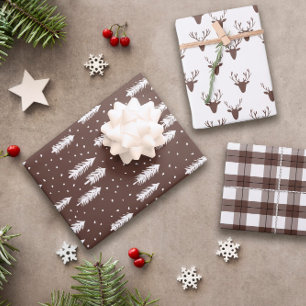 Brown Rustic Holiday Patterns Woods Trees Plaid Wrapping Paper Sheet