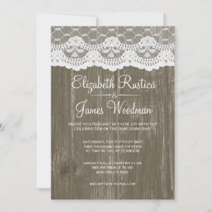 Brown Rustic Lace & Barn Wood Wedding Invitations