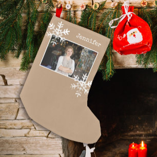 Brown Rustic Snowflake Custom Photo Small Christmas Stocking