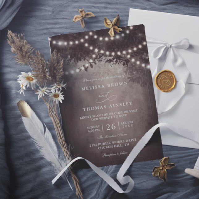 Brown Rustic Tree String Lights QR Code Wedding Invitation (Creator Uploaded)