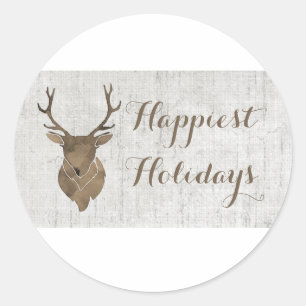 Brown Rustic Watercolor Deer Holiday Classic Round Sticker