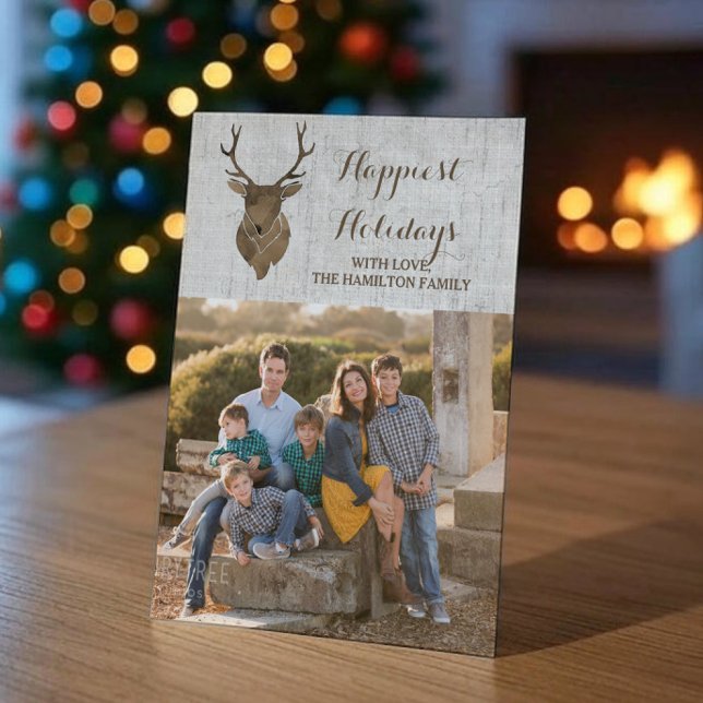 Brown Rustic Watercolor Deer Holiday Photo Flat (Brown Rustic Watercolor Reindeer Holiday Photo Card)
