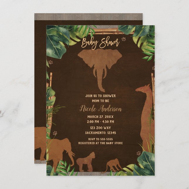 Brown Safari Jungle Zoo Animals Baby Shower Invitation (Front/Back)