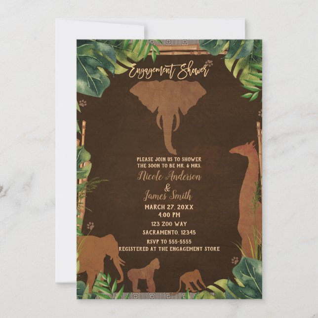 Brown Safari Jungle Zoo Animals Engagement Shower Invitation (Front)