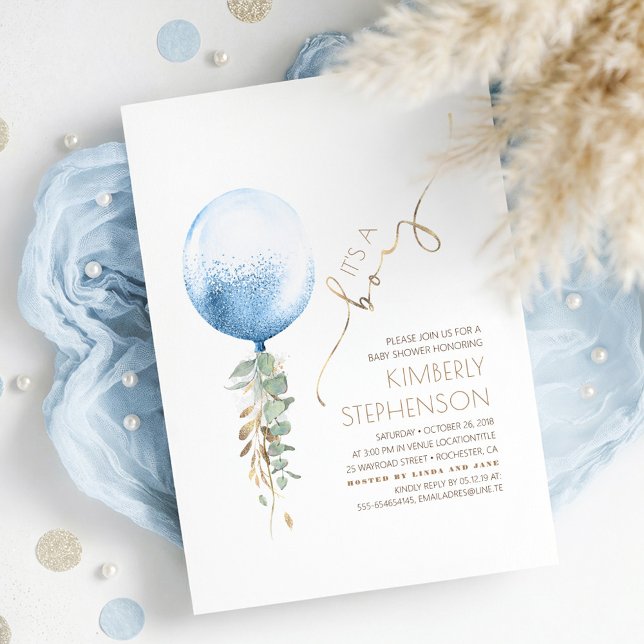Brown Sage Green and Blue Boy Baby Shower Invitation (Whimsical Cute Light Blue Balloon and Gold Baby Boy Baby Shower Invitation)