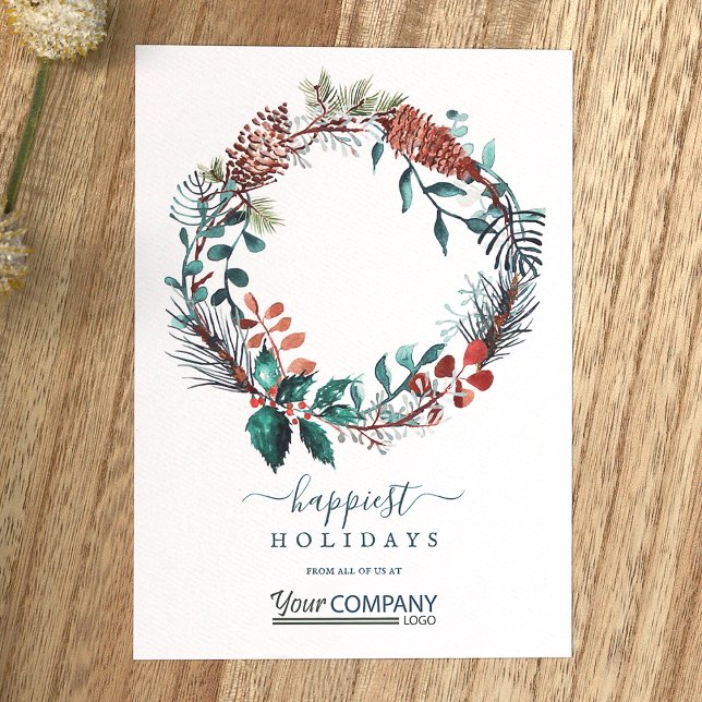 Brown, Sage Green Logo Pinecones Company Christmas Invitation (Winter Plants, Pine Needles Eucalyptus, Pinecones Wreath Company Holiday Card Green Business Logo)