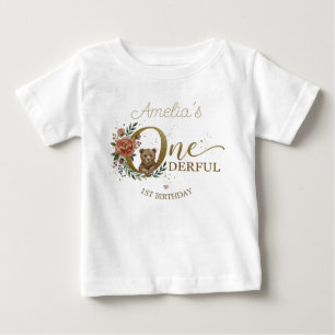Brown Sage Green One-Derful 1st Birthday Bear Baby T-Shirt