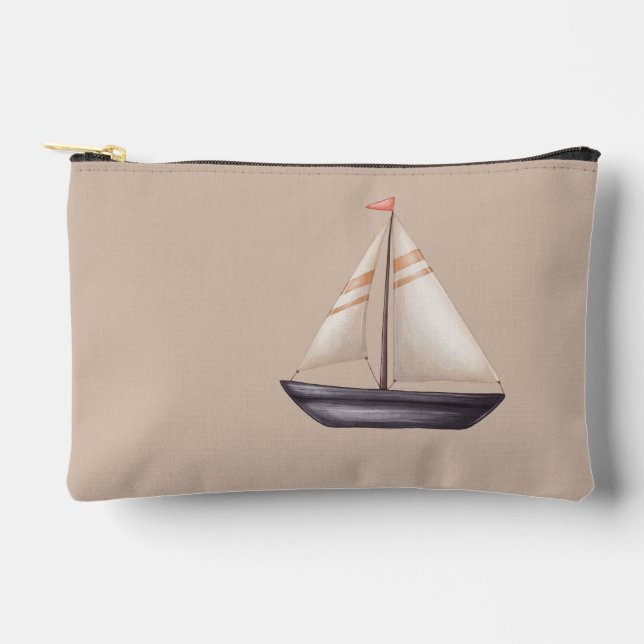 Brown Sailing Boat and Name on Beige Accessory Pouch (Front)