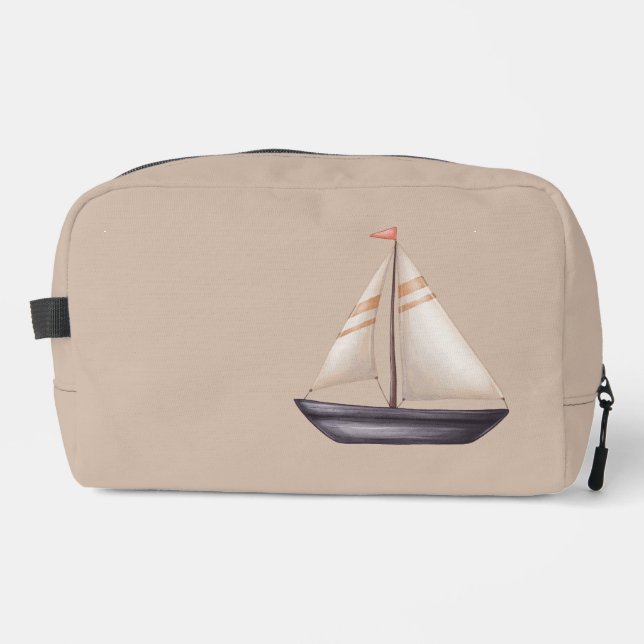 Brown Sailing Boat and Name on Beige Dopp Kit (Front)