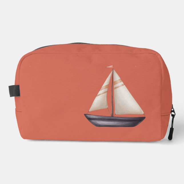 Brown Sailing Boat and Name on Red Dopp Kit (Front)