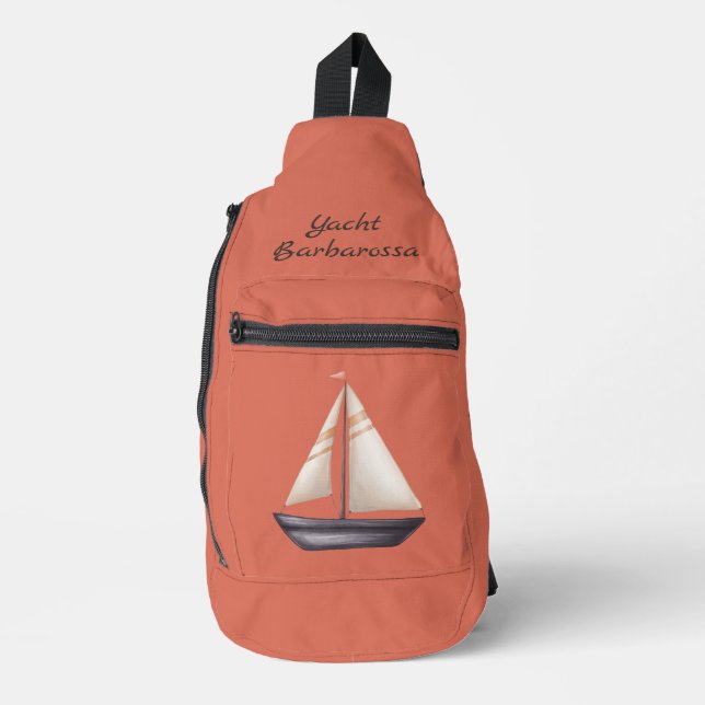 Brown Sailing Boat and Name on Red Sling Bag (Front)