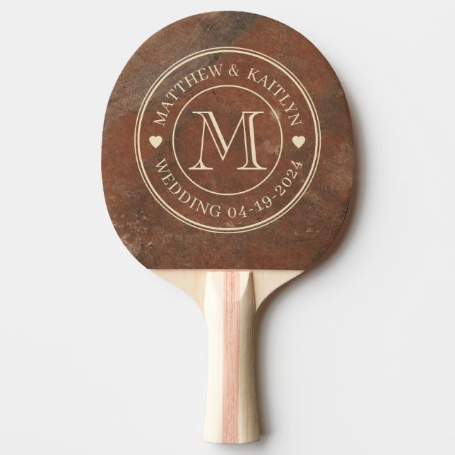 Brown Sand Stone Wedding Monogram Heart Ping Pong Paddle (Front)