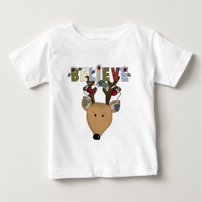 Brown Santa's Reindeer Believe Holiday Baby T-Shirt (Front)