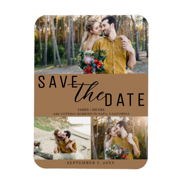 Brown Save the Date Wedding 3 Photos Magnet (Vertical)