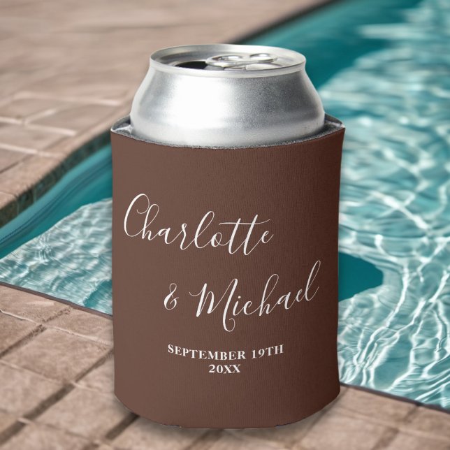 Brown Script Minimalist Wedding Can Cooler (Creator Uploaded)