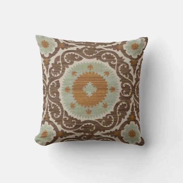 brown,Seafoam,Blue,Morrocan Designed Throw Pillow (Front)