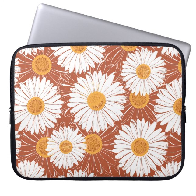 Brown seamless pattern with daisies laptop sleeve (Front)