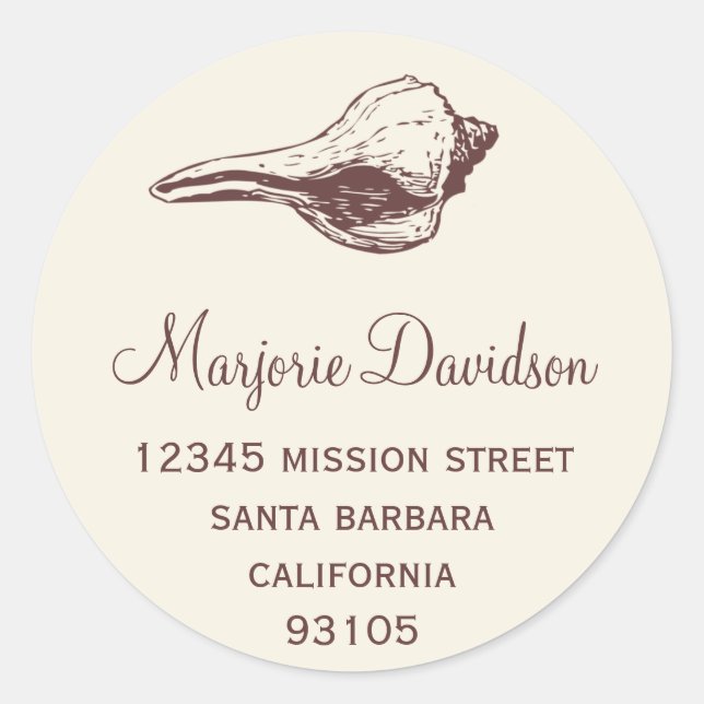 Brown seashell beach life circle address label (Front)