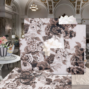 Brown Sepia Floral Peonies Dahlias Asters Roses Wrapping Paper Sheet
