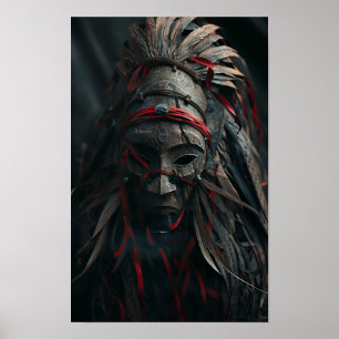 Brown Shaman Mask with Feathers and Red Poster